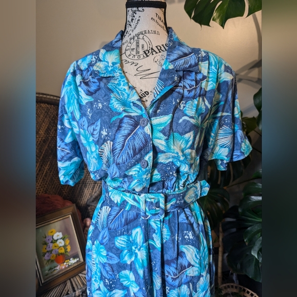 Vintage Blue Tropical Print Women's Dress Size M - Picture 2 of 9